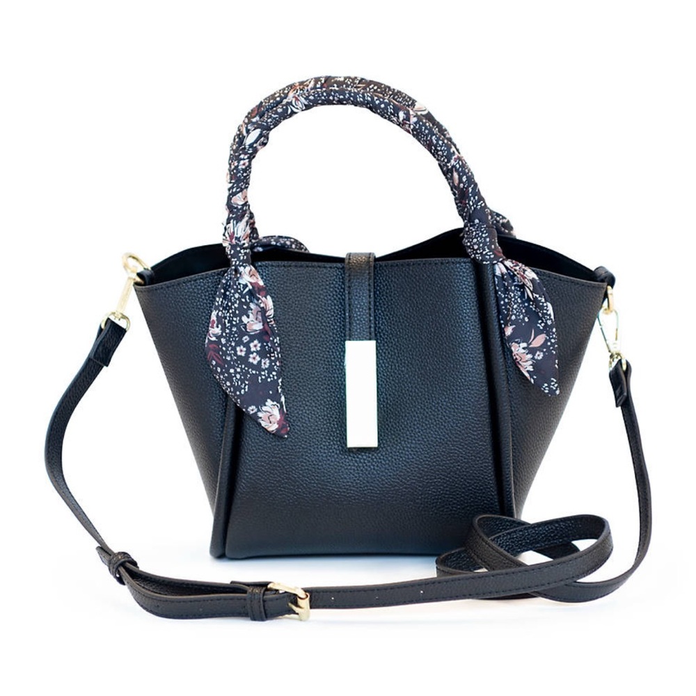 BCBGeneration Black Satchel with Floral Scarf Handle - Picture 4 of 9